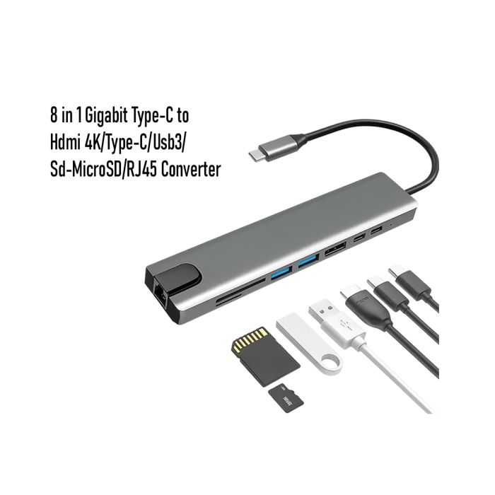 Konvertor "8 in 1 Gigabit Type-C to Hdmi 4K / Type-C / Usb3.0 /Sd-MicroSD/RJ45"